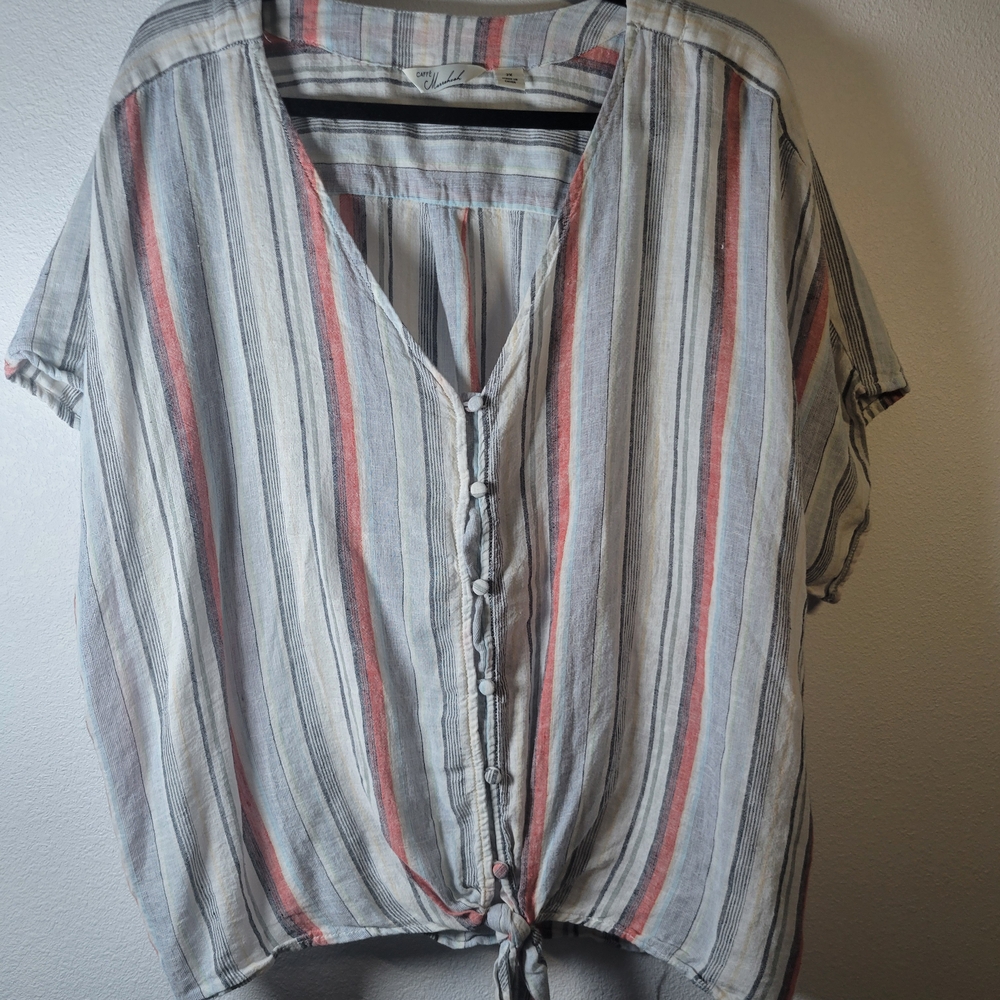 Striped V-Neck Button-Down Shirt